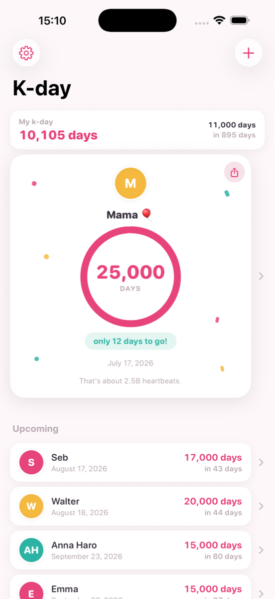 KDay app showing a 25,000-day milestone with a pink progress ring and the list of upcoming k-days