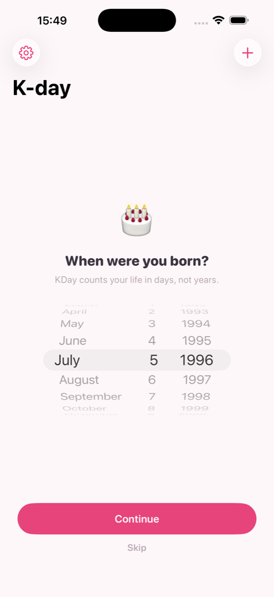 KDay onboarding asking When were you born, with a date picker