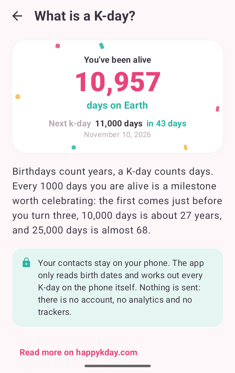 Android 'What is a K-day?' screen: your own day count, a short explanation and the privacy promise