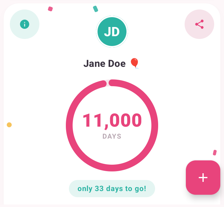 Android k-day card with a new round info button in the top-left corner