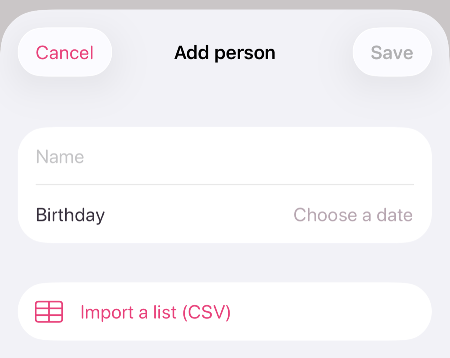iPhone Add person after: the birthday reads Choose a date