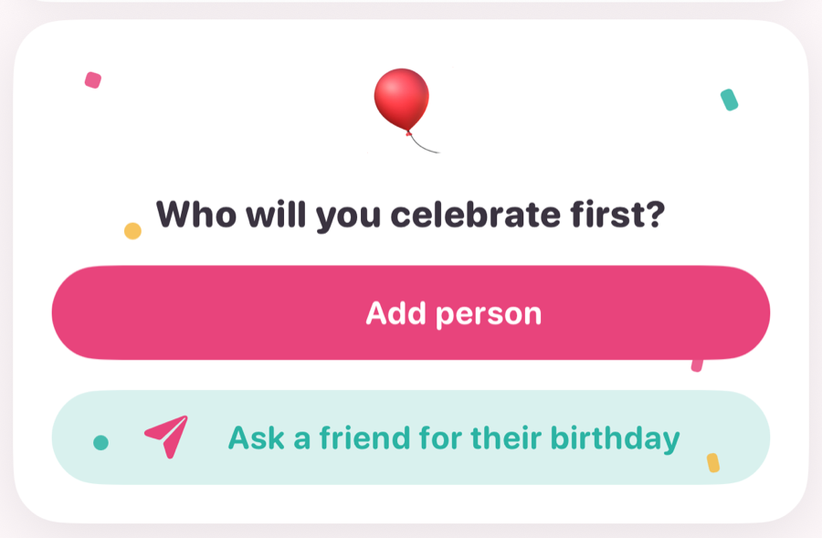 iPhone card before: confetti pieces sit on the Add person and Ask a friend buttons
