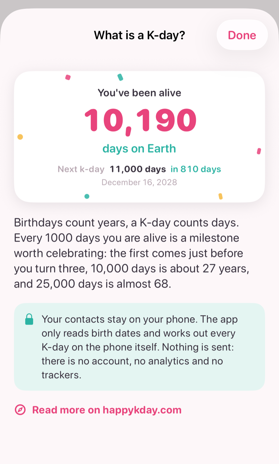iPhone 'What is a K-day?' screen: your own day count, a short explanation and the privacy promise