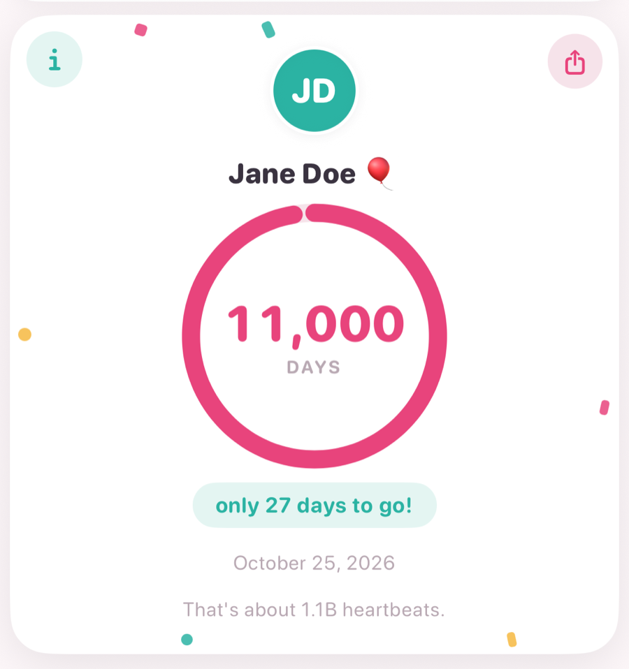 iPhone k-day card with a new round info button in the top-left corner