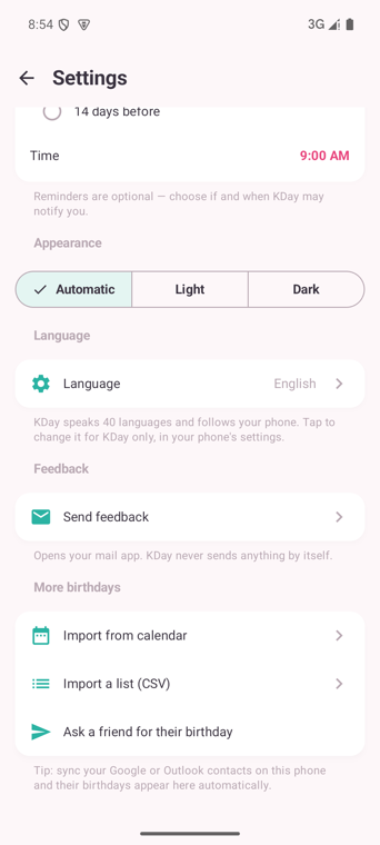 Android settings showing the new Language and Send feedback rows